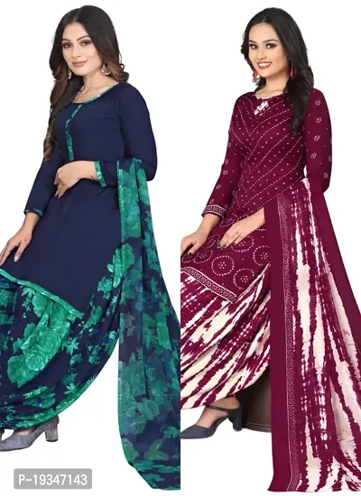 Blue  Maroon Crepe Printed Dress Material with Dupatta For Women (Combo pack of 2)