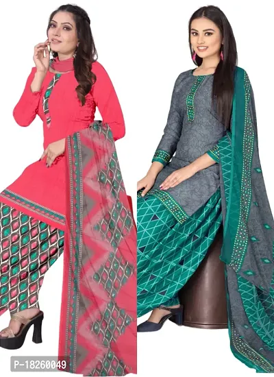 Pink  Grey Crepe Printed Dress Material with Dupatta For Women (Combo pack of 2)-thumb0