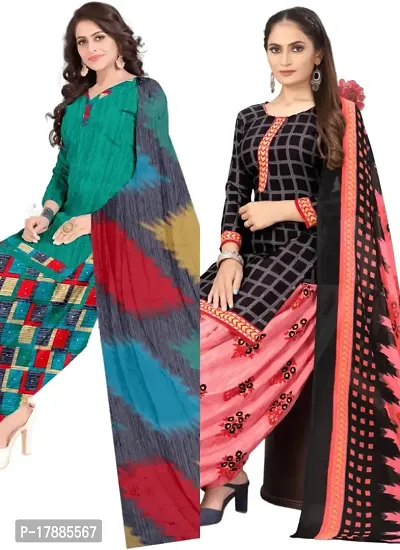 Turquoise  Black Crepe Printed Dress Material with Dupatta For Women (Combo pack of 2)-thumb0