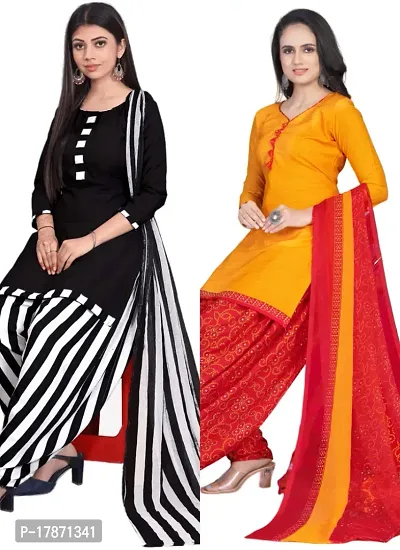 Black  Yellow Crepe Printed Dress Material with Dupatta For Women (Combo pack of 2)