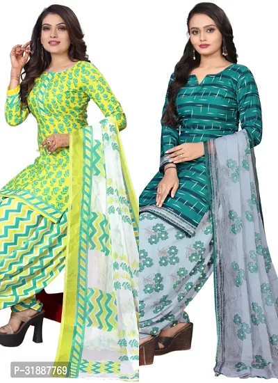 Elegant Multicoloured Cotton Printed Dress Material with Dupatta For Women (Combo Pack of 2)-thumb0