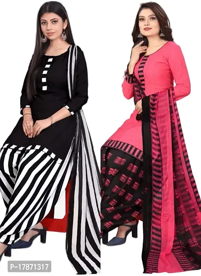 Black  Pink Crepe Printed Dress Material with Dupatta For Women (Combo pack of 2)-thumb0