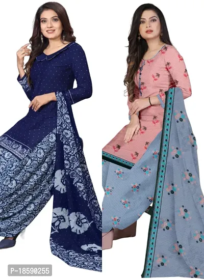 Navy Blue  Pink Crepe Printed Dress Material with Dupatta For Women (Combo pack of 2)