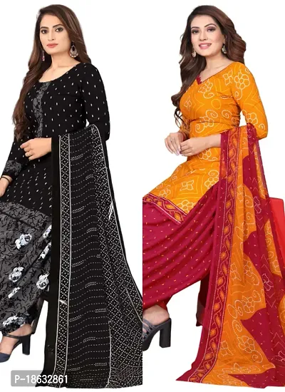 Black  Orange Crepe Printed Dress Material with Dupatta For Women (Combo pack of 2)