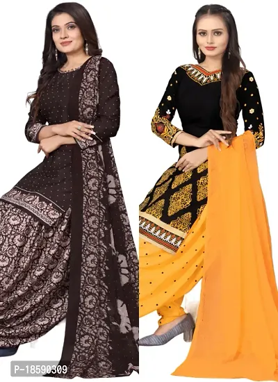 Brown  Black Crepe Printed Dress Material with Dupatta For Women (Combo pack of 2)