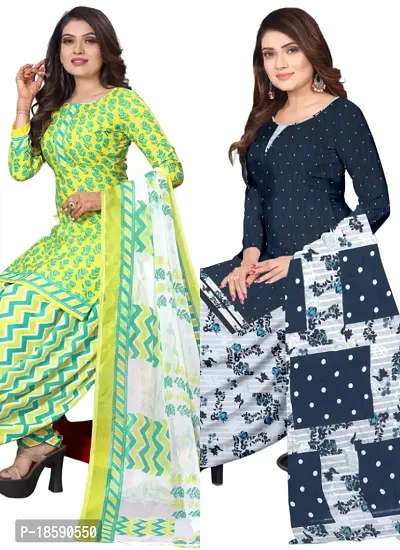 Yellow  Multicolor Crepe Printed Dress Material with Dupatta For Women (Combo pack of 2)