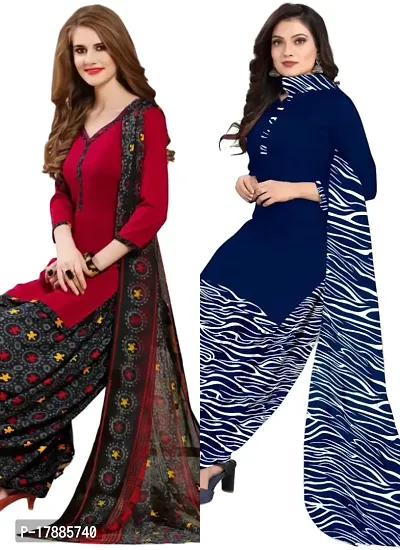 Red  Navy Blue Crepe Printed Dress Material with Dupatta For Women (Combo pack of 2)