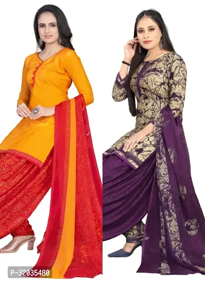 Elegant Multicoloured Cotton Printed Dress Material with Dupatta For Women (Combo Pack of 2)-thumb0