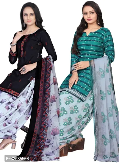 Elegant Multicoloured Cotton Printed Dress Material with Dupatta For Women (Combo Pack of 2)-thumb0