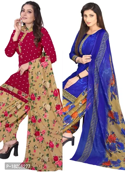 Red  Navy Blue Crepe Printed Dress Material with Dupatta For Women (Combo pack of 2)