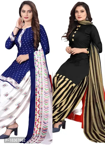 Navy Blue  Black Crepe Printed Dress Material with Dupatta For Women (Combo pack of 2)-thumb0