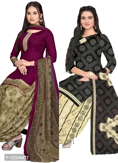 Elegant Multicoloured Cotton Printed Dress Material with Dupatta For Women - Pack of 2