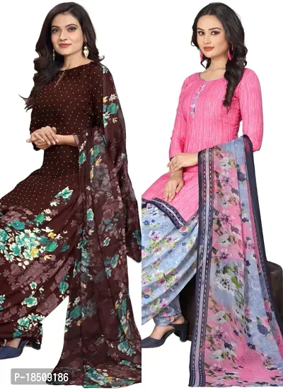 Brown  Pink Crepe Printed Dress Material with Dupatta For Women (Combo pack of 2)