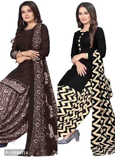 Brown  Black Crepe Printed Dress Material with Dupatta For Women (Combo pack of 2)