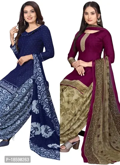 Navy Blue  Wine Crepe Printed Dress Material with Dupatta For Women (Combo pack of 2)