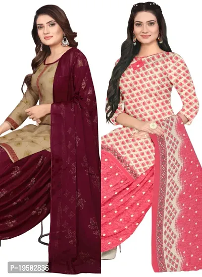 Beige  Pink Crepe Printed Dress Material with Dupatta For Women (Combo pack of 2)