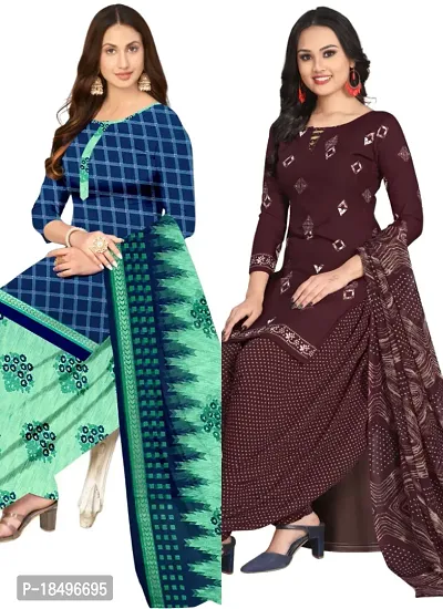 Blue  Wine Crepe Printed Dress Material with Dupatta For Women (Combo pack of 2)