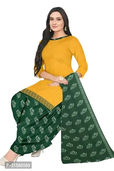 Elegant Yellow Cotton Blend Printed Dress Material with Dupatta For Women-thumb0