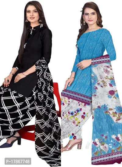 Black  Blue Crepe Printed Dress Material with Dupatta For Women (Combo pack of 2)