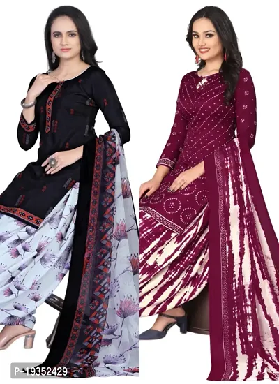 Navy Blue  Maroon Crepe Printed Dress Material with Dupatta For Women (Combo pack of 2)-thumb0