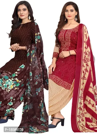 Brown  Red Crepe Printed Dress Material with Dupatta For Women (Combo pack of 2)-thumb0