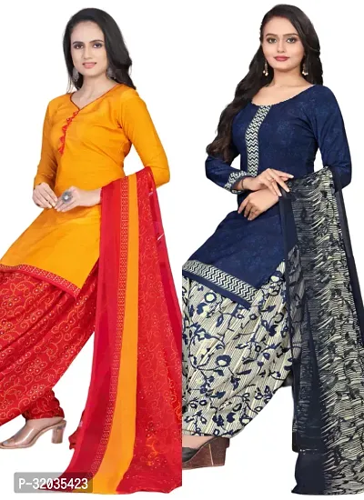 Elegant Multicoloured Cotton Printed Dress Material with Dupatta For Women (Combo Pack of 2)-thumb0