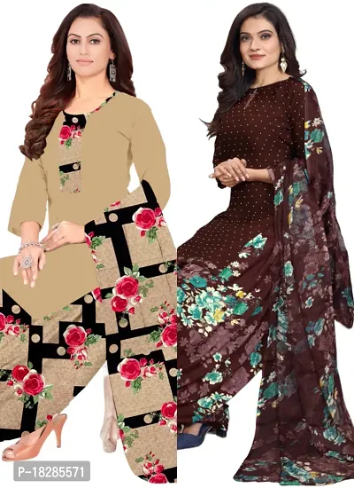 Beige  Brown Crepe Printed Dress Material with Dupatta For Women (Combo pack of 2)