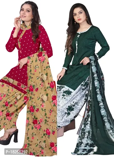 Red  Green Crepe Printed Dress Material with Dupatta For Women (Combo pack of 2)-thumb0