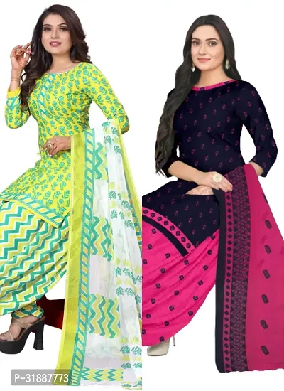 Elegant Multicoloured Cotton Printed Dress Material with Dupatta For Women (Combo Pack of 2)-thumb0