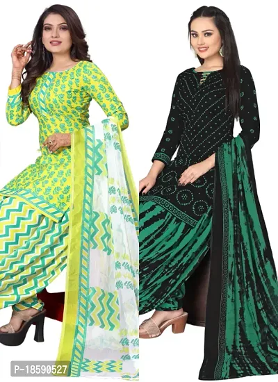 Yellow  Black Crepe Printed Dress Material with Dupatta For Women (Combo pack of 2)