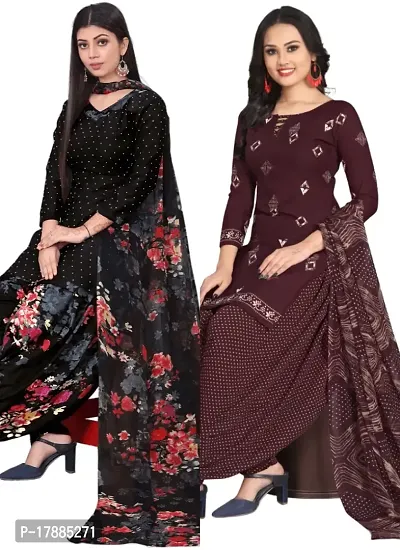 Black  Wine Crepe Printed Dress Material with Dupatta For Women (Combo pack of 2)-thumb0