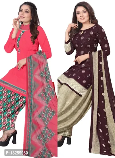 Pink  Wine Crepe Printed Dress Material with Dupatta For Women (Combo pack of 2)-thumb0