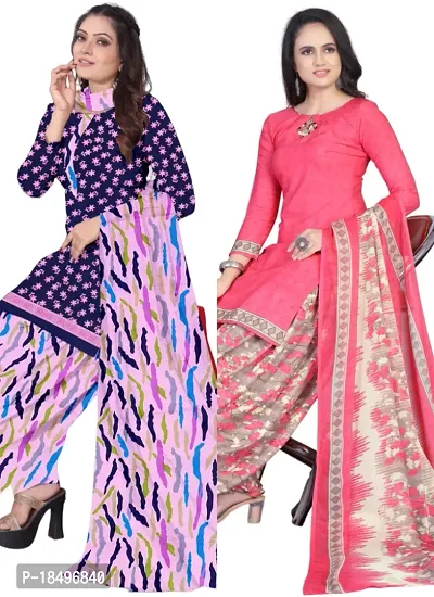 Blue  Pink Crepe Printed Dress Material with Dupatta For Women (Combo pack of 2)