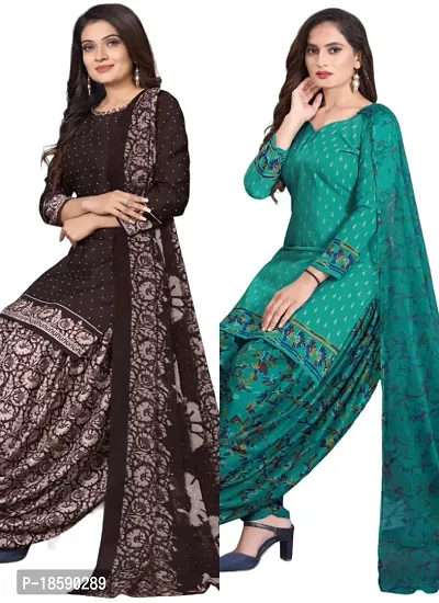 Brown  Teal Crepe Printed Dress Material with Dupatta For Women (Combo pack of 2)