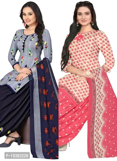 Grey  Pink Crepe Printed Dress Material with Dupatta For Women (Combo pack of 2)-thumb0