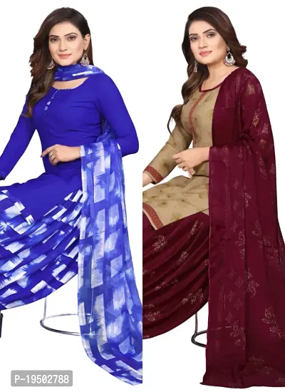 Blue  Beige Crepe Printed Dress Material with Dupatta For Women (Combo pack of 2)