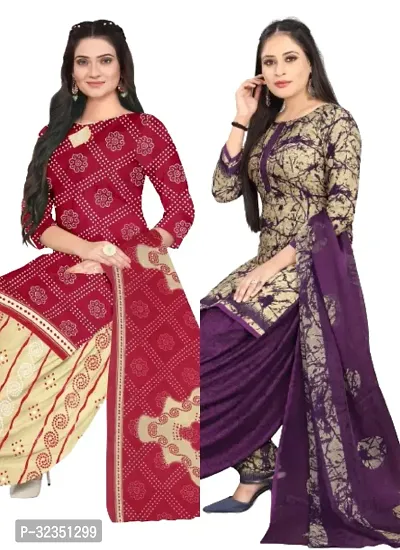 Elegant Multicoloured Cotton Printed Dress Material with Dupatta For Women (Combo Pack of 2)