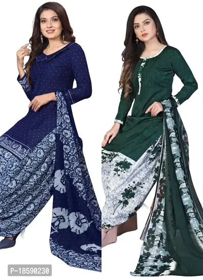 Navy Blue  Green Crepe Printed Dress Material with Dupatta For Women (Combo pack of 2)