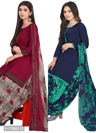 Maroon  Blue Crepe Printed Dress Material with Dupatta For Women (Combo pack of 2)-thumb0