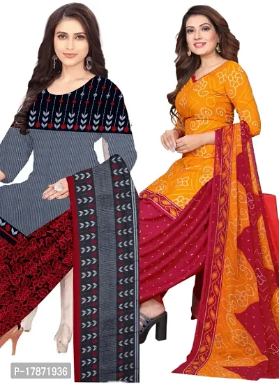 Grey  Orange Crepe Printed Dress Material with Dupatta For Women (Combo pack of 2)-thumb0