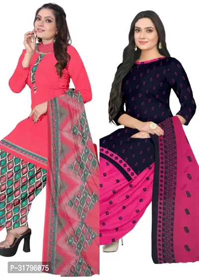 Elegant Multicoloured Cotton Printed Dress Material with Dupatta For Women (Combo Pack of 2)-thumb0