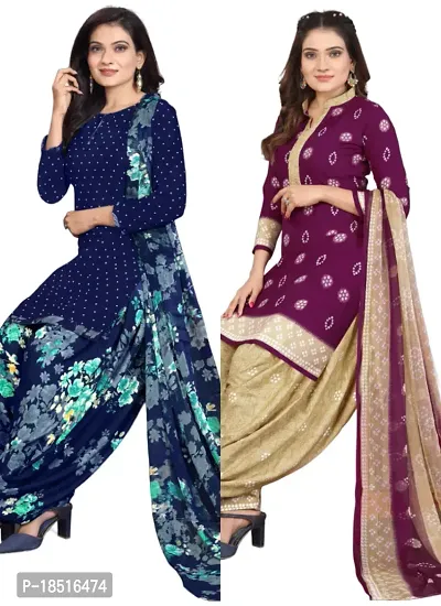 Navy Blue  Purple Crepe Printed Dress Material with Dupatta For Women (Combo pack of 2)