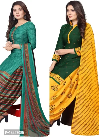 Turquoise  Green Crepe Printed Dress Material with Dupatta For Women (Combo pack of 2)-thumb0