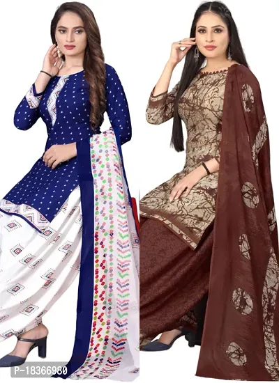 Navy Blue  Beige Crepe Printed Dress Material with Dupatta For Women (Combo pack of 2)-thumb0