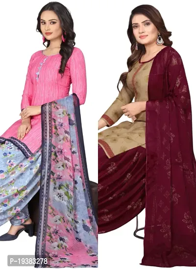 Pink  Beige Crepe Printed Dress Material with Dupatta For Women (Combo pack of 2)-thumb0