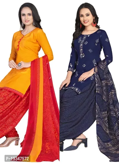 Yellow  Navy Blue Crepe Printed Dress Material with Dupatta For Women (Combo pack of 2)