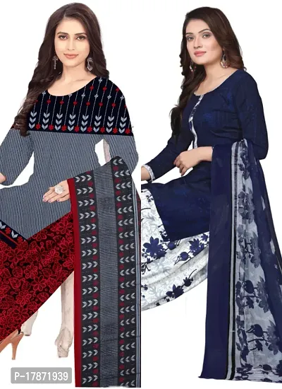 Grey  Navy Blue Crepe Printed Dress Material with Dupatta For Women (Combo pack of 2)-thumb0