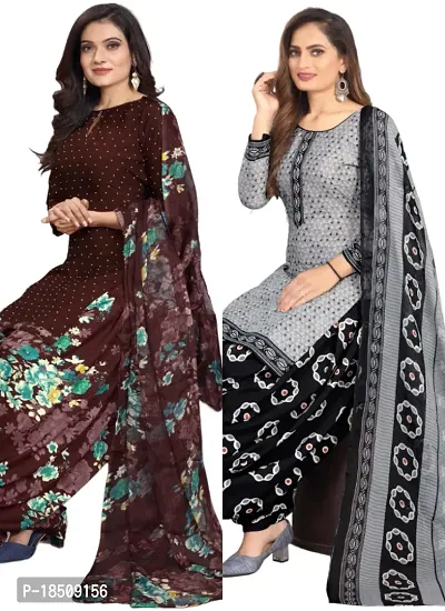 Brown  Grey Crepe Printed Dress Material with Dupatta For Women (Combo pack of 2)