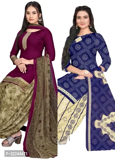 Elegant Multicoloured Cotton Printed Dress Material with Dupatta For Women - Pack of 2