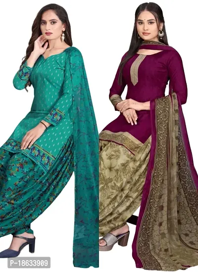 Teal  Wine Crepe Printed Dress Material with Dupatta For Women (Combo pack of 2)-thumb0